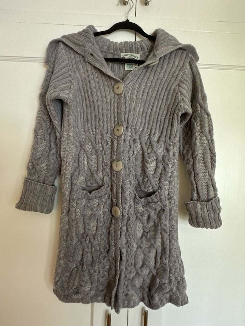 Aran Crafts Cardigan 100% Merino Wool Chunky Size XS Lavender Gray Cable Knit Lo